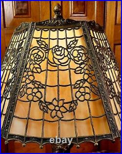 Signed Pittsburgh Slag Glass Table Lamp Flower Basket Filigree