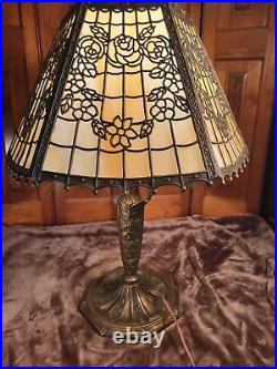 Signed Pittsburgh Slag Glass Table Lamp Flower Basket Filigree