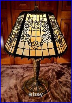 Signed Pittsburgh Slag Glass Table Lamp Flower Basket Filigree