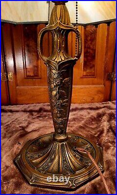 Signed Pittsburgh Slag Glass Table Lamp Flower Basket Filigree