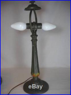 Signed Rainaud 19 1/2 Antique 6 Curved Panel Slag Glass Lamp Circa 1916-1930