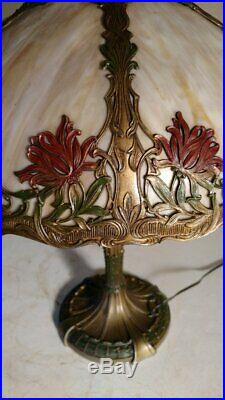 Signed Royal Arts lamp withHuge six panel slag glass shade Handel era