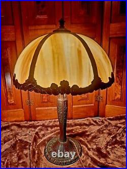 Signed Salem Brothers Slag Glass Antique Bronze Finish Panel Lamp