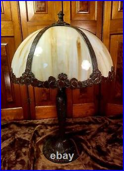 Signed Salem Brothers Slag Glass Antique Bronze Finish Panel Lamp