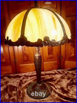 Signed Salem Brothers Slag Glass Antique Bronze Finish Panel Lamp