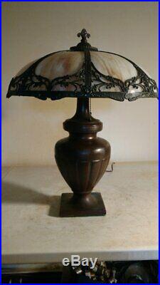 Signed huge Handel lamp base witheight panel slag/ early leaded glass shade