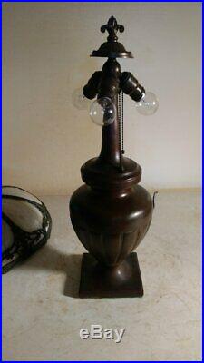 Signed huge Handel lamp base witheight panel slag/ early leaded glass shade