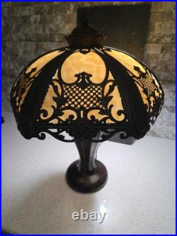 Six Panel Caramel Bent Slag Glass Lamp Shade On A Dale Tiffany Base