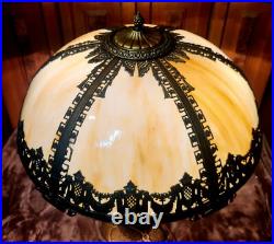 Slag Glass Antique Table Lamp With Delicate Filigree