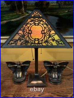 Slag Glass Antique Vintage Arts Crafts Victorian Lamp Bradley Hubbard Handel Era