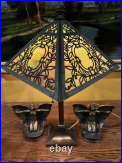 Slag Glass Antique Vintage Arts Crafts Victorian Lamp Bradley Hubbard Handel Era