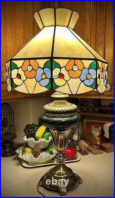 Slag Glass Floral Shade with Vintage 60's Stiffel Solid Brass Base Lamp 30