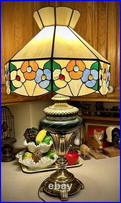 Slag Glass Floral Shade with Vintage 60's Stiffel Solid Brass Base Lamp 30