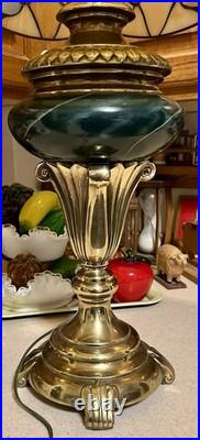 Slag Glass Floral Shade with Vintage 60's Stiffel Solid Brass Base Lamp 30