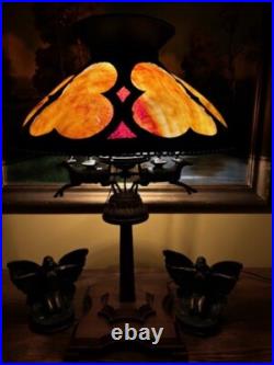 Slag Glass Folk Art Deco Arts Crafts Antique Lamp Bradley Hubbard Era Handel Era