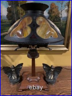 Slag Glass Folk Art Deco Arts Crafts Antique Lamp Bradley Hubbard Era Handel Era