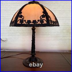 Slag Glass Lamp 6 Panel Overlay Bronzed Grapevine Fluted Base Royal Art Glass Co