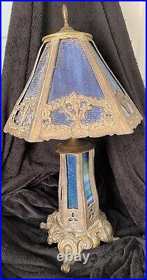 Slag Glass Lamp Antique Pewter Blue Missing Panel Make Offer