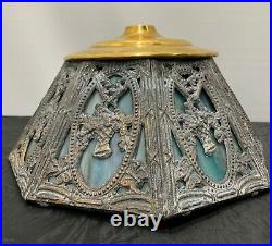 Slag Glass Lamp Shade Basket Flowers Butterfly 8 Pane Art Nouveau Arts Crafts