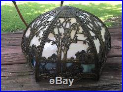 Slag Glass Lamp Shade Cattails Trees House Bent Glass