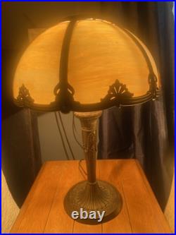Slag Table Lamp Caramel Stain Glass 6 Panel Lamp Ornate Nouveau 22Antique-VTG