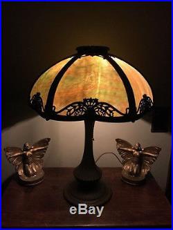 Slag glass arts crafts antique mission handel bradley hubbard era lamp nr