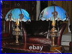 Splendid Blue Tyfanny Style Antq Pair /Lamps w Bended Slag Glass Pannels & Brass