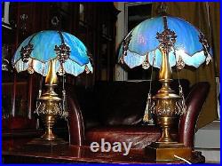 Splendid Blue Tyfanny Style Antq Pair /Lamps w Bended Slag Glass Pannels & Brass