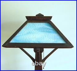 Stunning Antique Arts & Crafts Oak & Blue Slag Glass Mission Table Reading Lamp