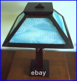 Stunning Antique Arts & Crafts Oak & Blue Slag Glass Mission Table Reading Lamp