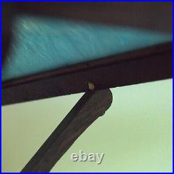 Stunning Antique Arts & Crafts Oak & Blue Slag Glass Mission Table Reading Lamp