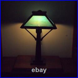 Stunning Antique Arts & Crafts Oak & Blue Slag Glass Mission Table Reading Lamp