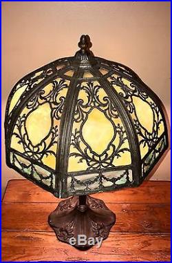 Stunning Antique Slag Glass Metal Overlay Lamp Attrib To Bradley & Hubbard