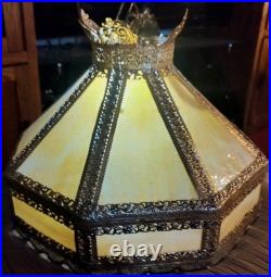 Stunning Beige Slag Glass Intricate Brass Hanging Lamp 2 Bulbs. Excellent. 152SG