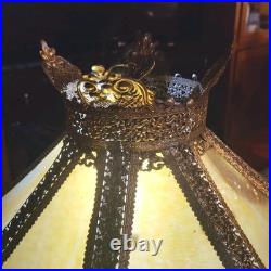 Stunning Beige Slag Glass Intricate Brass Hanging Lamp 2 Bulbs. Excellent. 152SG