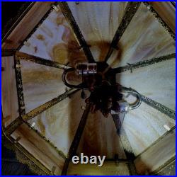 Stunning Beige Slag Glass Intricate Brass Hanging Lamp 2 Bulbs. Excellent. 152SG