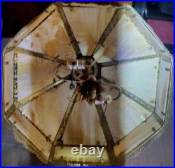 Stunning Beige Slag Glass Intricate Brass Hanging Lamp 2 Bulbs. Excellent. 152SG