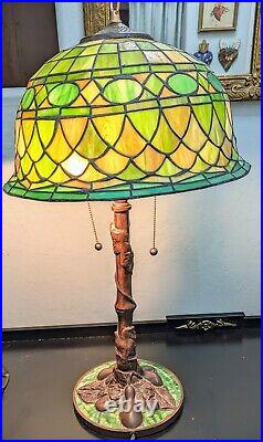 Stunning Green Stained Slag Glass Lamp Pears Tiffany Style 27 Tall Art Nouveau