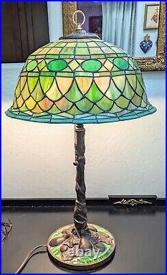 Stunning Green Stained Slag Glass Lamp Pears Tiffany Style 27 Tall Art Nouveau