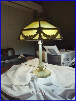 Stunning Large 12 Panel White Slag Glass Table Lamp 1930's Cast Iron 25H x 18W