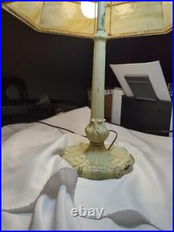 Stunning Large 12 Panel White Slag Glass Table Lamp 1930's Cast Iron 25H x 18W