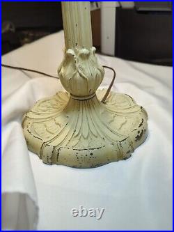 Stunning Large 12 Panel White Slag Glass Table Lamp 1930's Cast Iron 25H x 18W
