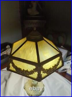 Stunning Large 12 Panel White Slag Glass Table Lamp 1930's Cast Iron 25H x 18W