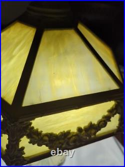 Stunning Large 12 Panel White Slag Glass Table Lamp 1930's Cast Iron 25H x 18W