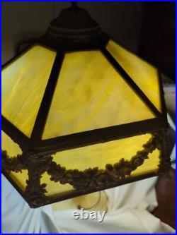 Stunning Large 12 Panel White Slag Glass Table Lamp 1930's Cast Iron 25H x 18W