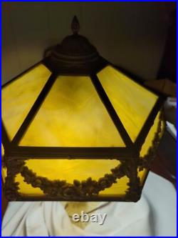 Stunning Large 12 Panel White Slag Glass Table Lamp 1930's Cast Iron 25H x 18W