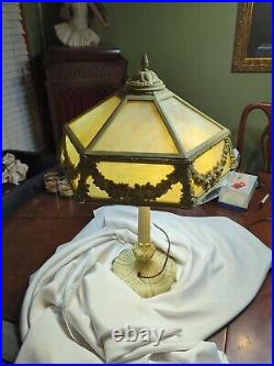 Stunning Large 12 Panel White Slag Glass Table Lamp 1930's Cast Iron 25H x 18W