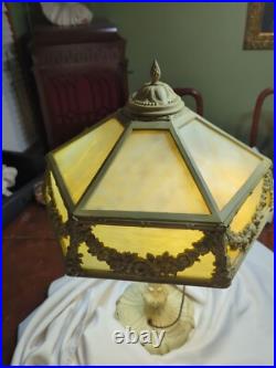 Stunning Large 12 Panel White Slag Glass Table Lamp 1930's Cast Iron 25H x 18W