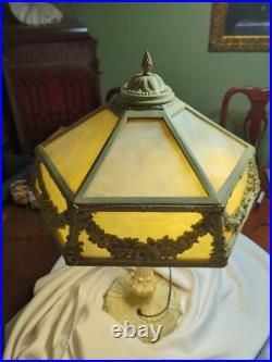 Stunning Large 12 Panel White Slag Glass Table Lamp 1930's Cast Iron 25H x 18W