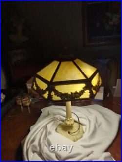 Stunning Large 12 Panel White Slag Glass Table Lamp 1930's Cast Iron 25H x 18W